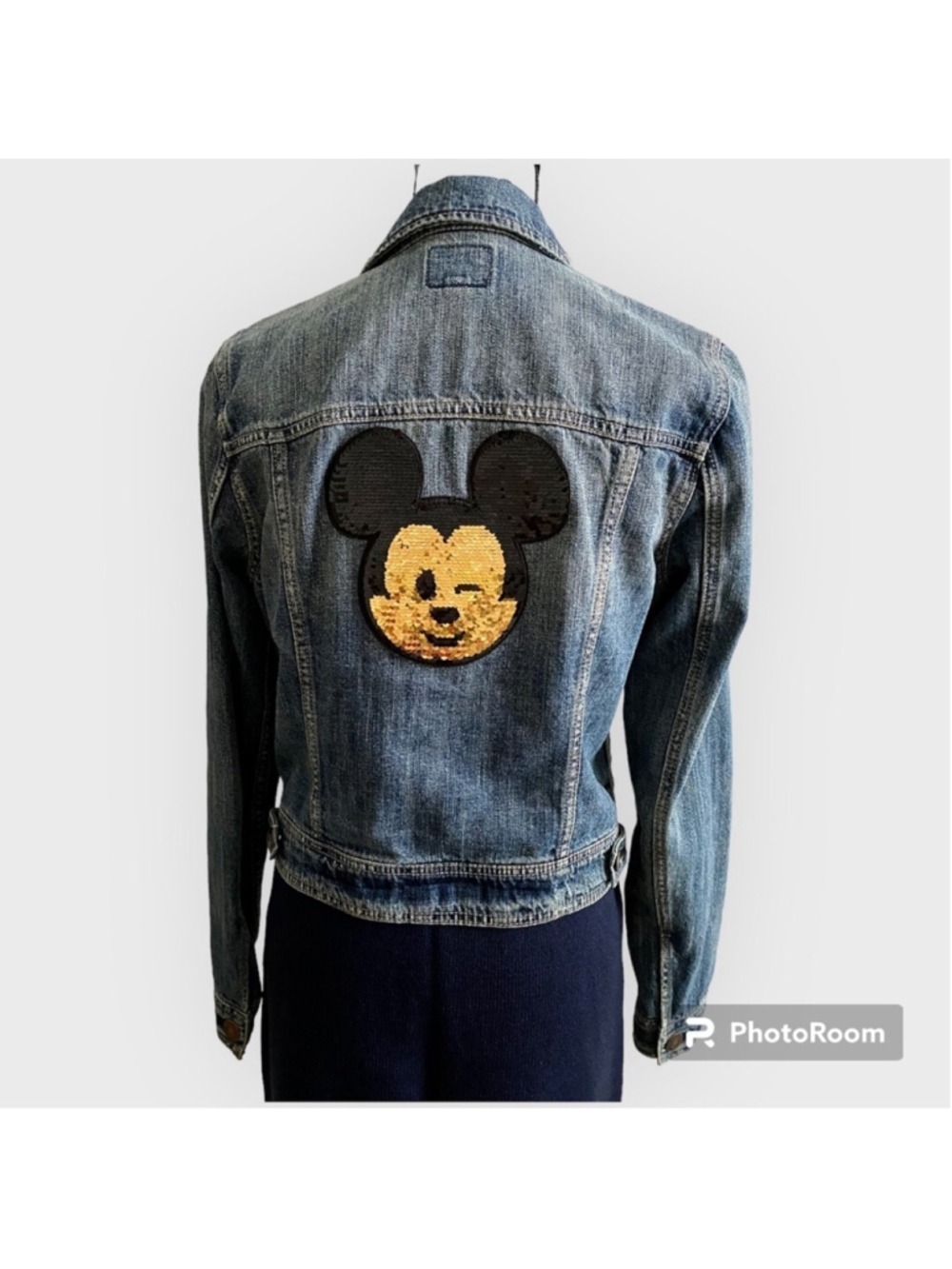 American Eagle Denim Jean Jacket Mickey Mouse Reversible Sequins Patch Medium